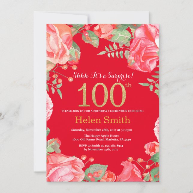 Invitation Floral Surprise 100e Anniversaire Gold Parties sci (Devant)