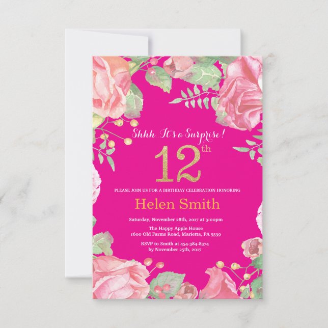 Invitation Floral Surprise 12e anniversaire Or et rose chaud (Devant)
