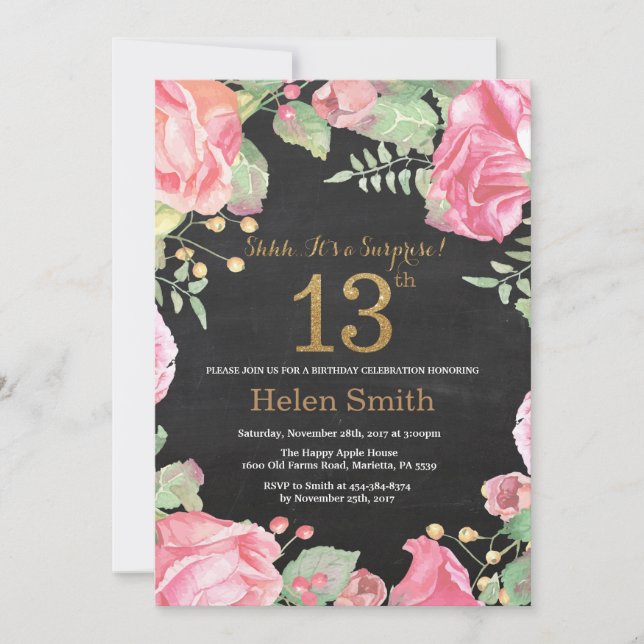 Invitation Floral Surprise 13e anniversaire Parties scintilla (Devant)