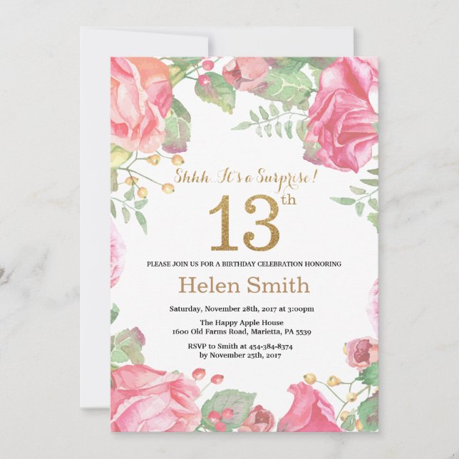 Invitation Floral Surprise 13e anniversaire Parties scintilla (Devant)