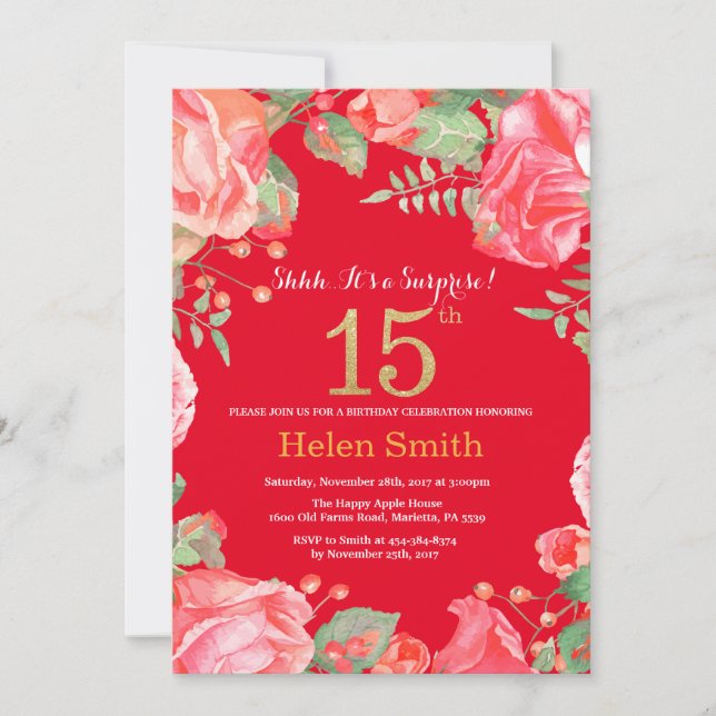 Invitation Floral Surprise 15e anniversaire Parties scintilla (Devant)