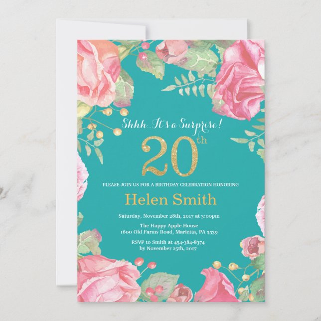Invitation Floral Surprise 20e Anniversaire Or et Turquoise (Devant)