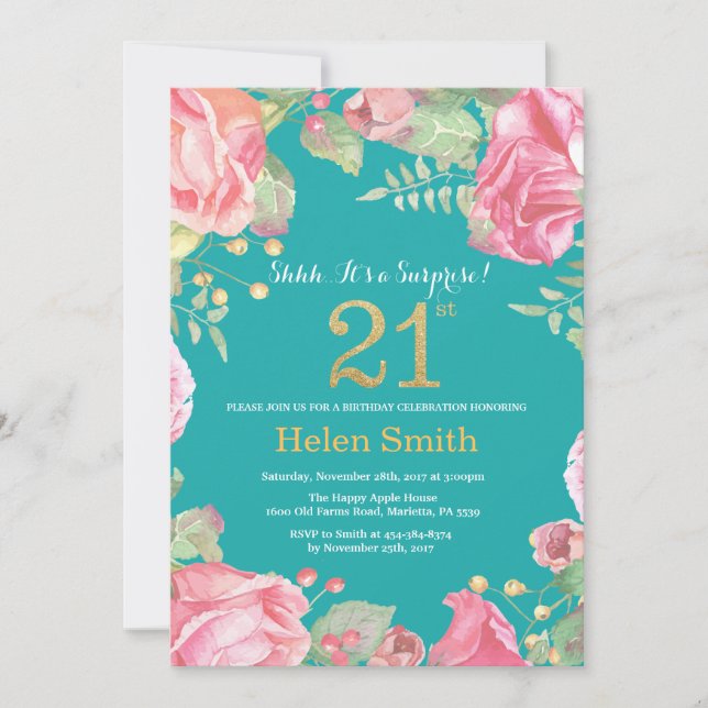 Invitation Floral Surprise 21e Anniversaire Or et Turquoise (Devant)