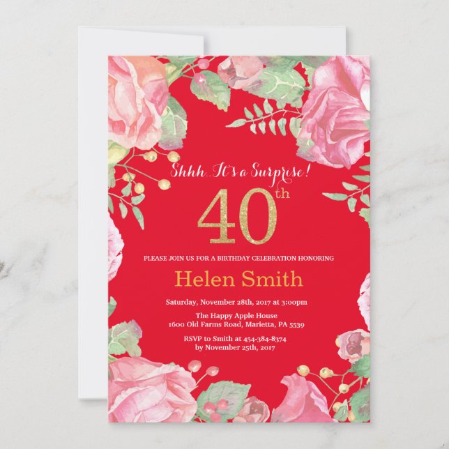 Invitation Floral Surprise 40e anniversaire Parties scintilla (Devant)