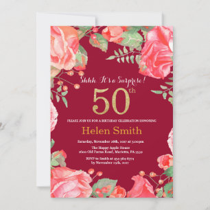 Invitation Floral Surprise 50e anniversaire Gold Burgundy Red