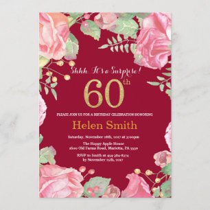 Invitation Floral Surprise 60e Anniversaire Or Bourgogne Roug