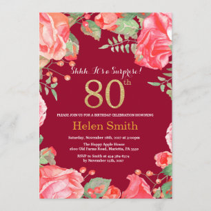 Invitation Floral Surprise 80e Anniversaire Or Bourgogne Roug