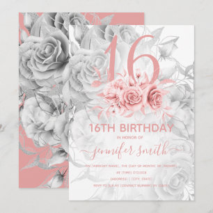Invitation Floral Sweet 16th Girly Rose Gold & Silver