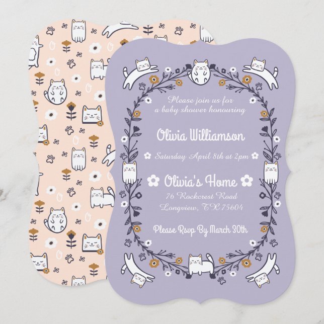 Invitation Floral Sweet Little kitty Kitten Baby shower (Devant / Derrière)