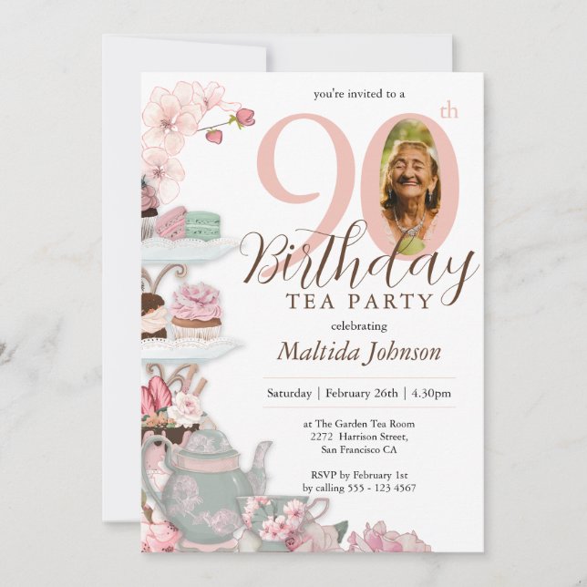 Invitation Floral Tea Party rose Photo personnalisée 90e anni (Devant)