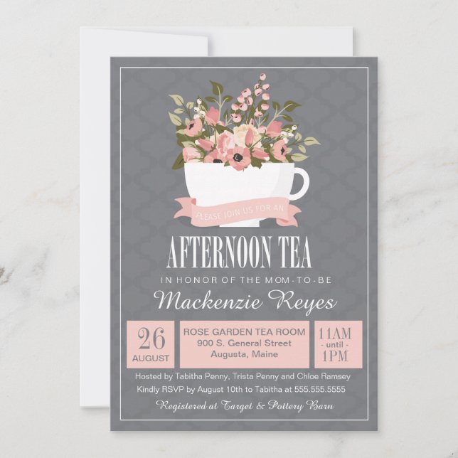 Invitation Floral Teacup Afternoon Tea Baby ou Fête des marié (Devant)