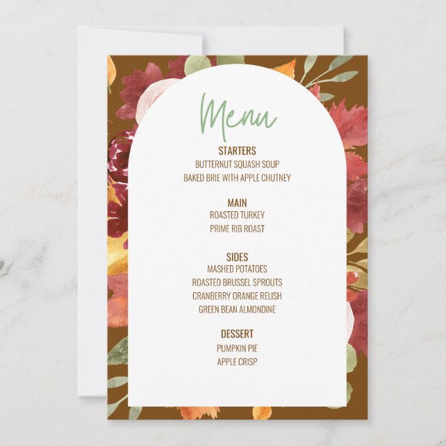 Invitation Floral Thanksgiving Diner Menu Mariage Menu (Devant)