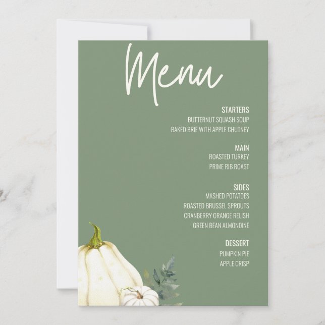 Invitation Floral Thanksgiving Diner Menu Sage Green (Devant)