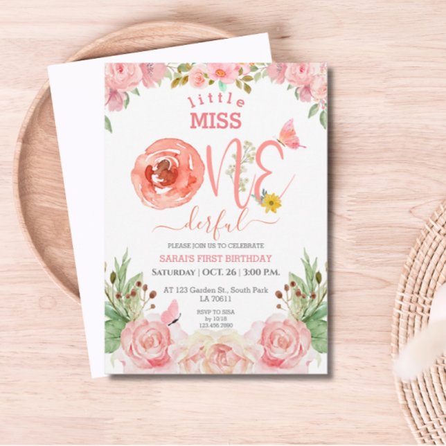 Invitation Floral Thème Fille Premier Anniversaire (Little Miss One-derful birthday invite)