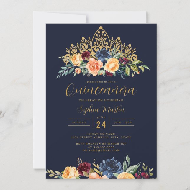 Invitation Floral Tiara Navy Bourgogne Quinceanera (Devant)