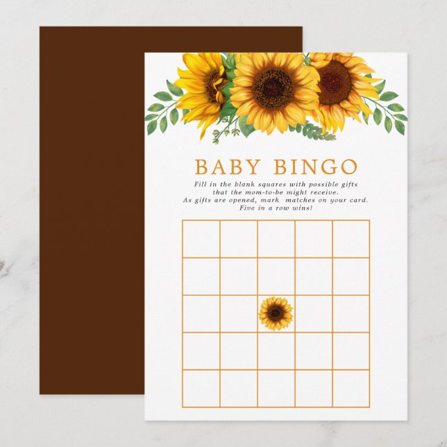 Invitation Floral tournesol Rustique Baby shower Jeu de Bingo (Devant / Derrière)