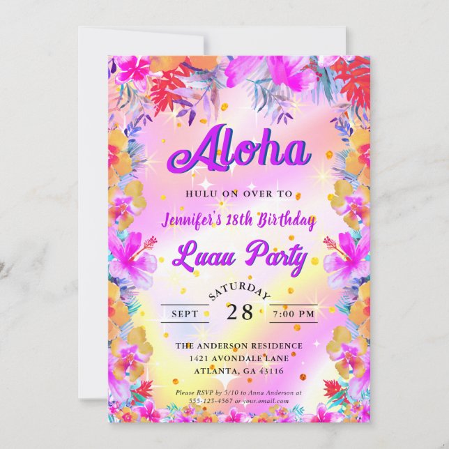 Invitation Floral tropical Aloha Luau Anniversaire (Devant)