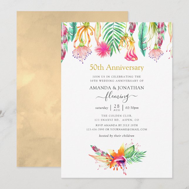 Invitation Floral Tropical Été 50e anniversaire Mariage (Devant / Derrière)