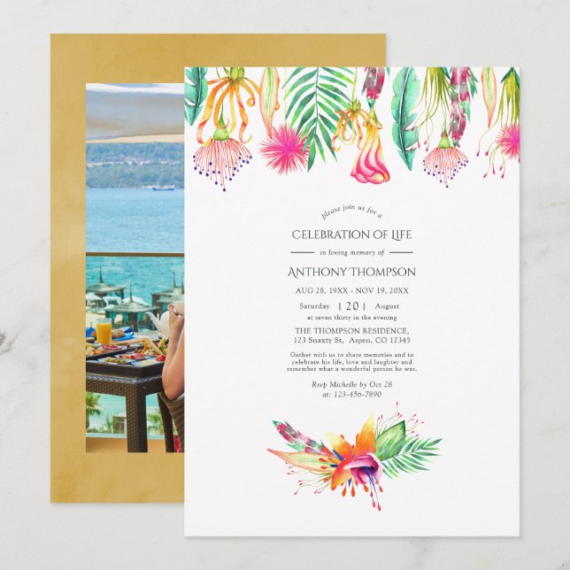 Invitation Floral Tropical Summer Celebration of Life Photo (Devant / Derrière)
