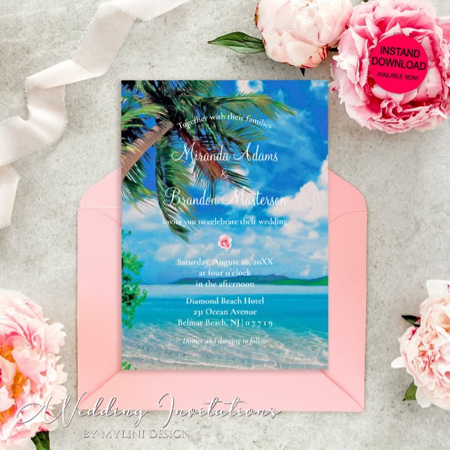 Invitation Floral Tropical Summer Palm Beach Mariage (Créateur téléchargé)