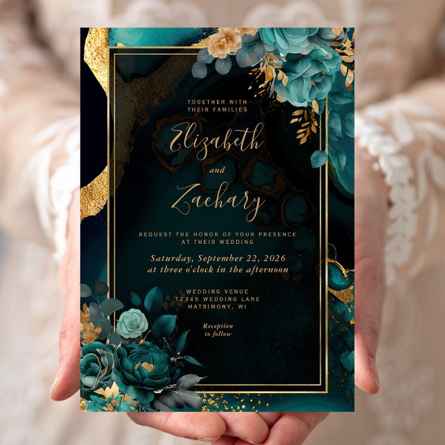 Invitation Floral Turquoise Agate Gold Frame Mariage (Créateur téléchargé)
