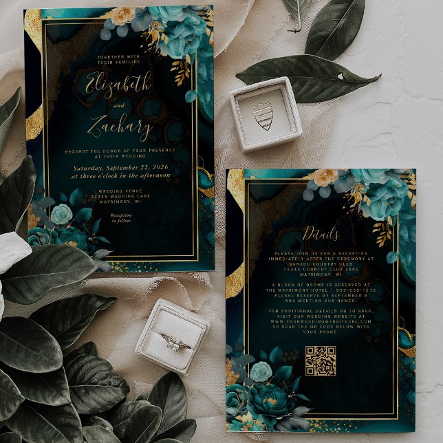 Invitation Floral Turquoise Agate Gold Frame QR Code Mariage (Créateur téléchargé)