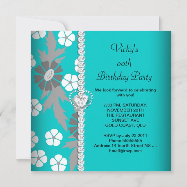 Invitation Floral Turquoise bleu gris blanc fête d'anniversai (Devant)