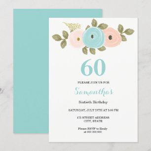 Invitation Floral Turquoise & Peach 60th Birthday Party Invit