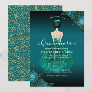 Invitation Floral Turquoise Princess Gold Anniversaire Quince