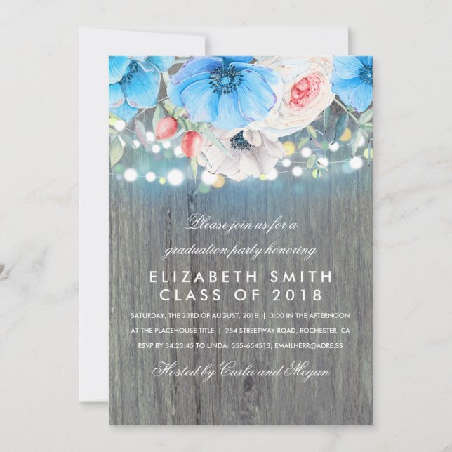 Invitation Floral Turquoise Rustic Wood Graduation Party (Devant)