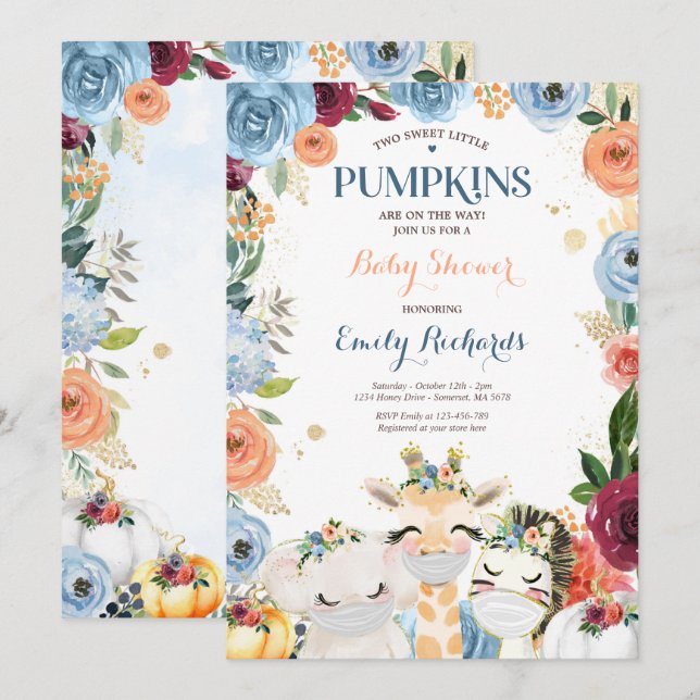 Invitation Floral Twin Safari Animaux Citrouille Baby shower (Devant / Derrière)