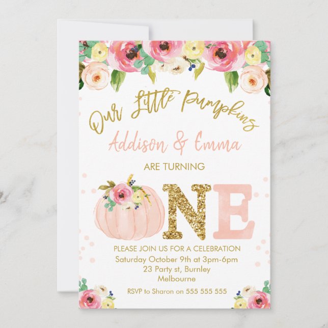 Invitation  Floral Twins Our Little Citrouille Birthday (Devant)