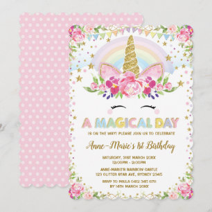 Invitation Floral Unicorn Anniversaire Pink Gold Party Invita