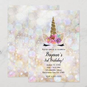 Invitation Floral Unicorn Horn Parties scintillant cosmique f
