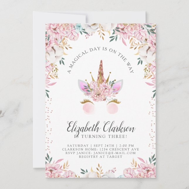 Invitation Floral Unicorn Princess Anniversaire (Devant)