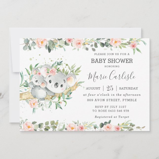 Invitation Floral verdure Eucalyptus Koala Baby shower fille (Devant)