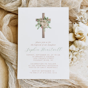 Invitation Floral verdure ivoire Rose Croix d'or Girl Baptême