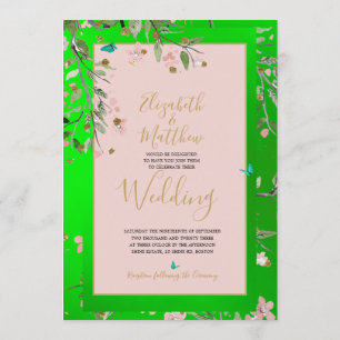 Invitation Floral Vert Élégant Rose or Chinoiserie Mariage