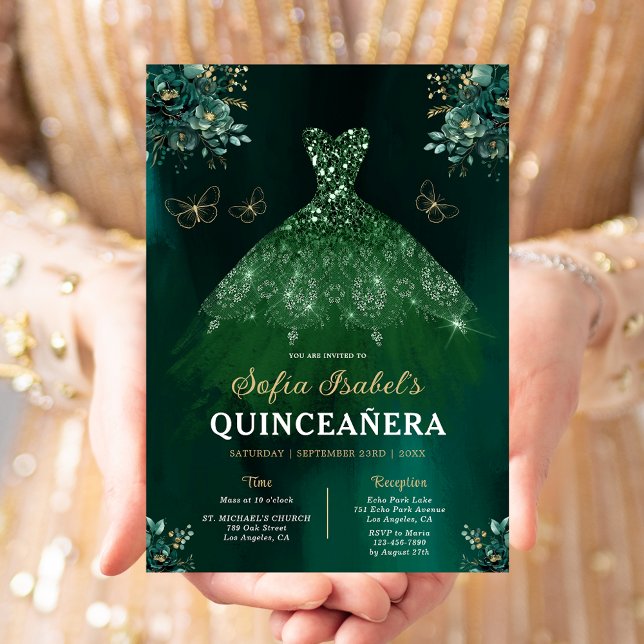 Invitation Floral Vert Quinceanera espagnol bilingue (Créateur téléchargé)
