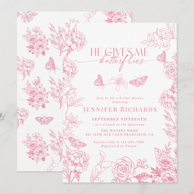 Invitation Floral victorien | Fête des mariées des papillons (Devant / Derrière)