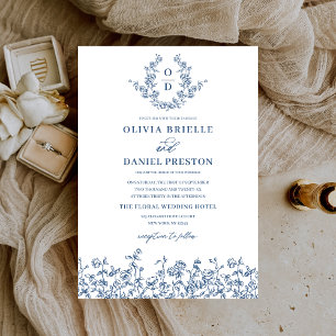 Invitation Floral Vintage Navy Blue Monogram Mariage