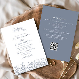 Invitation Floral Vintage tout en un Dusty Blue Mariage