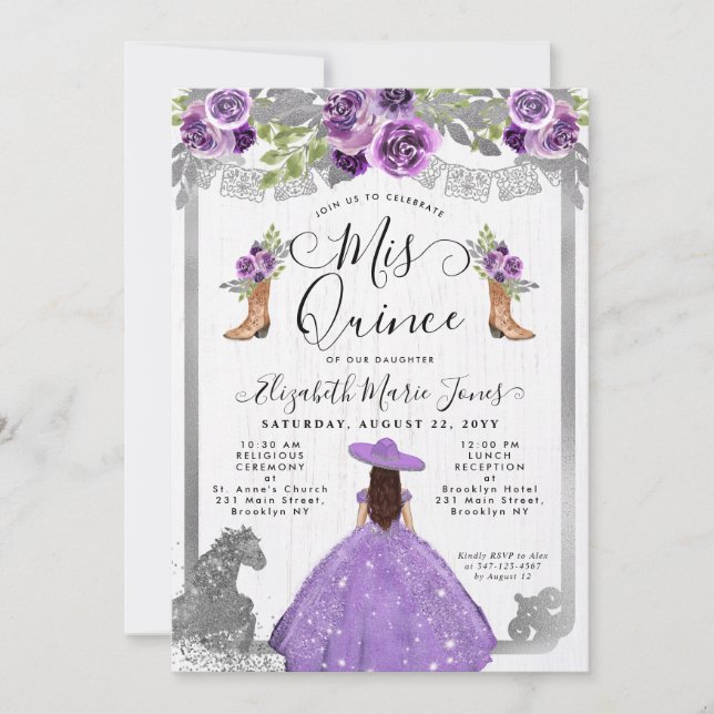Invitation Floral Violet Argent Glam Horse Charra Quinceanera (Devant)