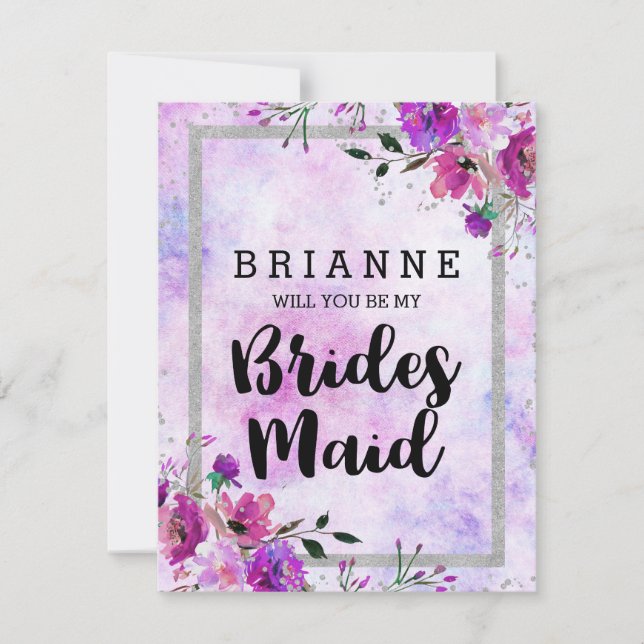 Invitation Floral Violet & Argent Serez-Vous Ma Femme D'Accue (Devant)