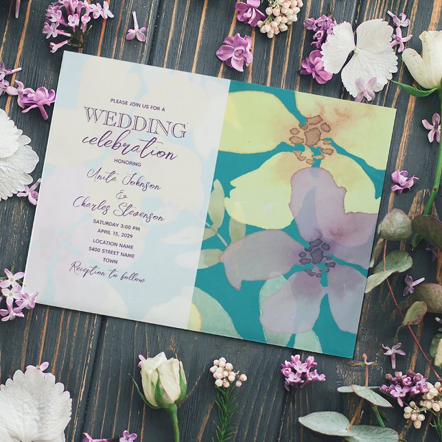 Invitation Floral violet et Mariage turquoise (Créateur téléchargé)