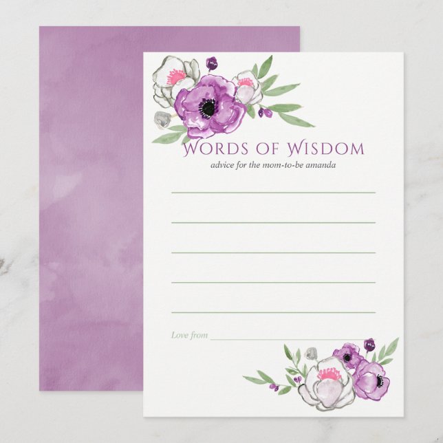 Invitation Floral Violet et Sage Baby shower Maman Conseil (Devant / Derrière)