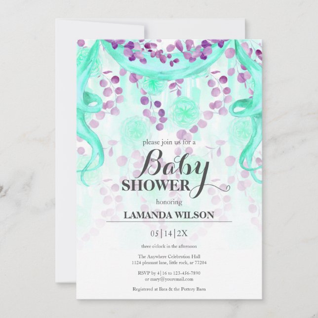 Invitation Floral violet et Turquoise Baby shower bannière (Devant)