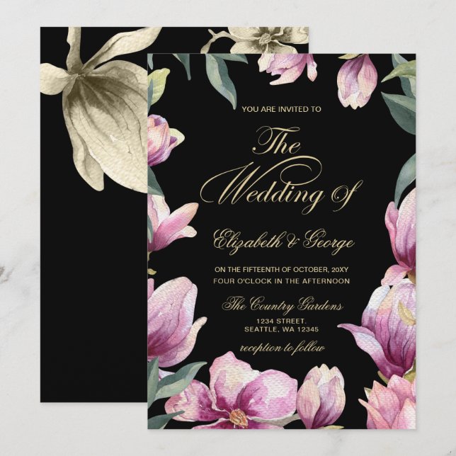 Invitation Floral violet mariage noir et or (Devant / Derrière)