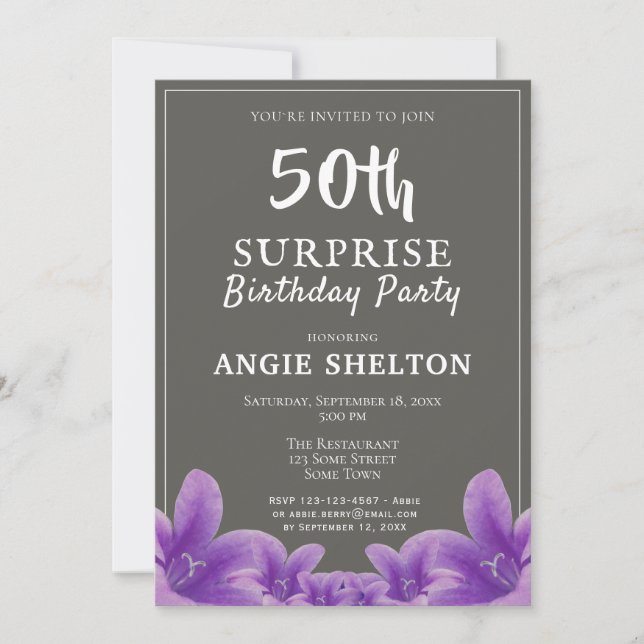 Invitation Floral violet moderne 50e fête d'anniversaire surp (Devant)