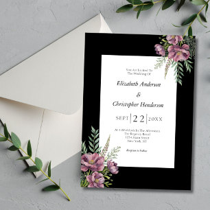 Invitation Floral violet noir blanc élégant Mariage moderne